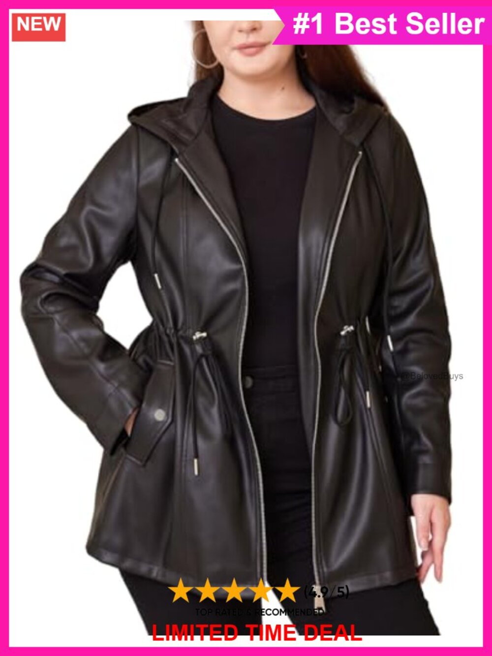 Faux Leather Jacket Women Plus Size Hooded Moto Biker Coat